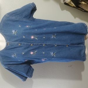 COOL BLUES Womens Floral Embroider Denim Button-Down Tunic Shirt-Vintge-EC-Sz XL